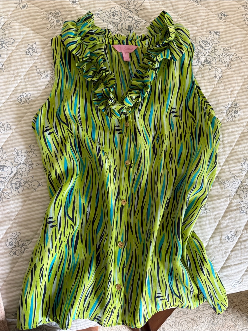 Lilly Pulitzer Sleeveless Ruffle-Neck Button Front Top in Lime Green Print